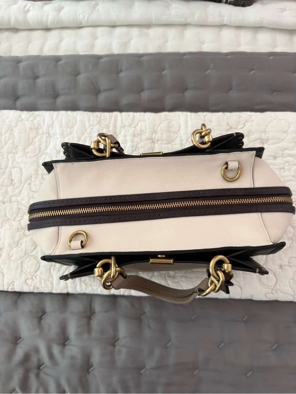 Coach Taupe and Black Leather Satchel with Gold Hardware
